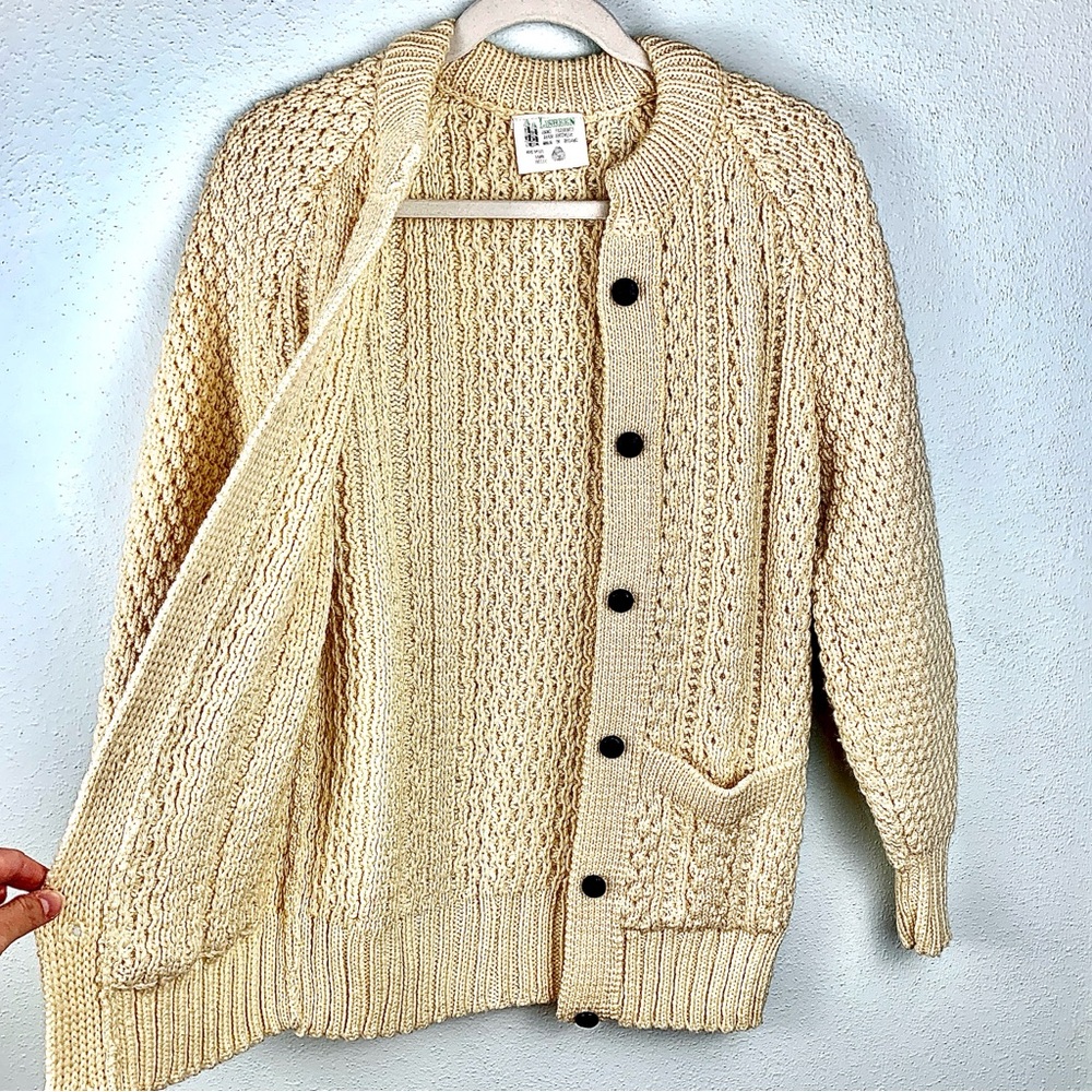 Vtg Lisheen 100% Wool Aran Hand Knit Cardigan Button Cream Sweater, Ireland Made